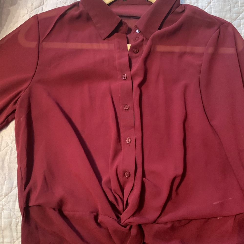 Maroon Sheer Crop Blouse With Flutter Sleeve. - image 2
